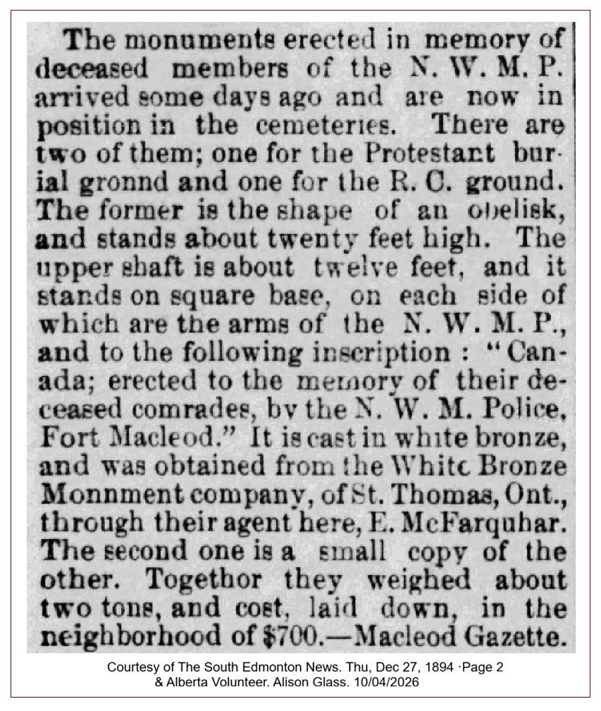 South Edmonton News clipping, December 27, 1894, on the N.W.M.P. monument at Fort Macleod