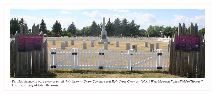 Gated entrance and signage for the N.W.M.P. Field of Honour, Union Cemetery and Holy Cross Cemetery, Fort Macleod