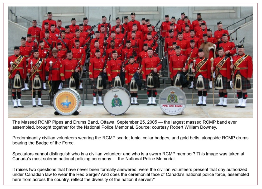 The Massed RCMP Pipes and Drums performing in Red Serge