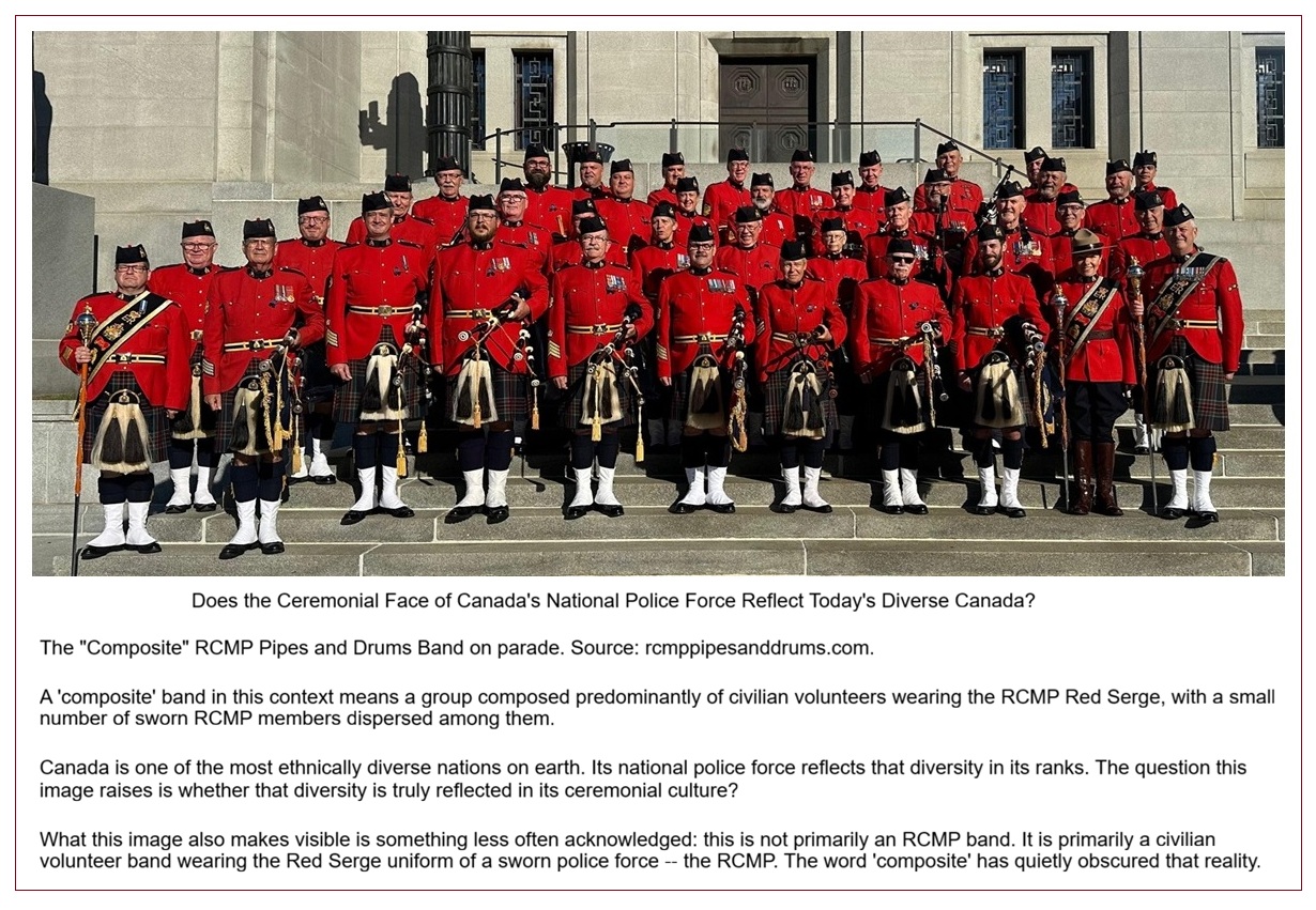 RCMP Pipes and Drums band members performing in Red Serge